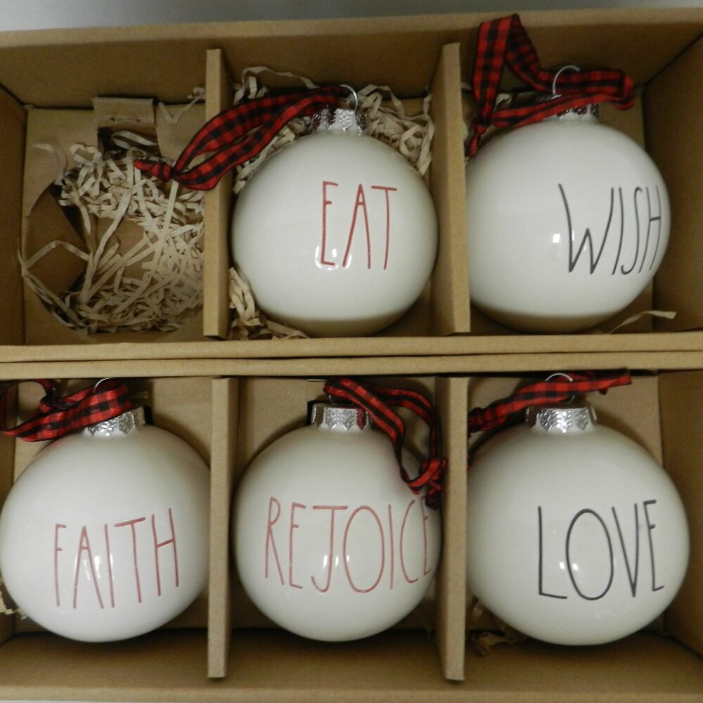 Rae Dunn Christmas Holiday ceramic large round Ornament Set 5 Faith Rejoice Love